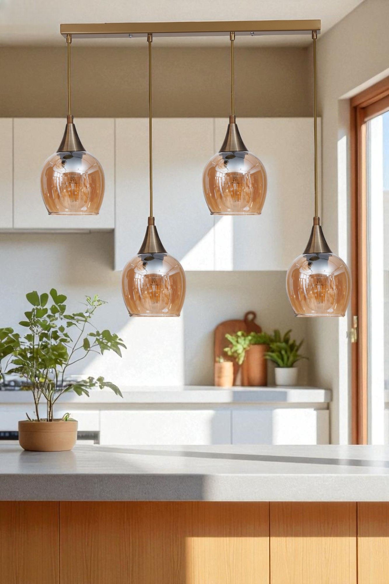 Candeeiro de Teto – 80 cm – Mel e Ouro – Metal e Vidro