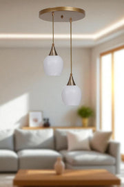 Candeeiro de Teto – Altura Total de 80 cm – Branco e Dourado – Metal e Vidro