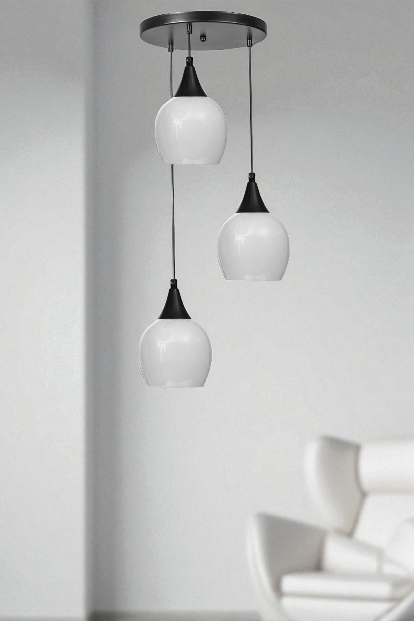 Candeeiro de Teto de Metal e Vidro – Altura 80 cm – Branco e Preto