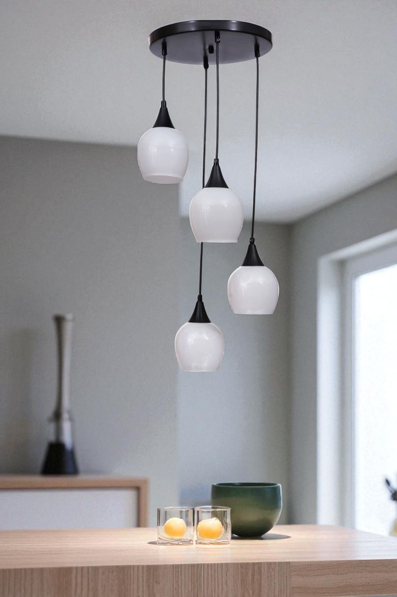 Candeeiro de Teto de Metal e Vidro – Altura Ajustável 80 cm – Branco e Preto