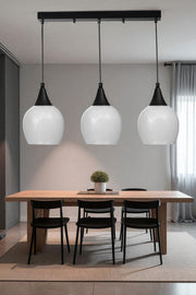 Candeeiro de Teto de Metal e Vidro – altura ajustável de 80 cm – acabamento branco e preto