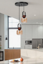 Candeeiro de Teto – Altura Ajustável 80 cm – Cor Mel, Nogueira e Preto – Metal e Vidro