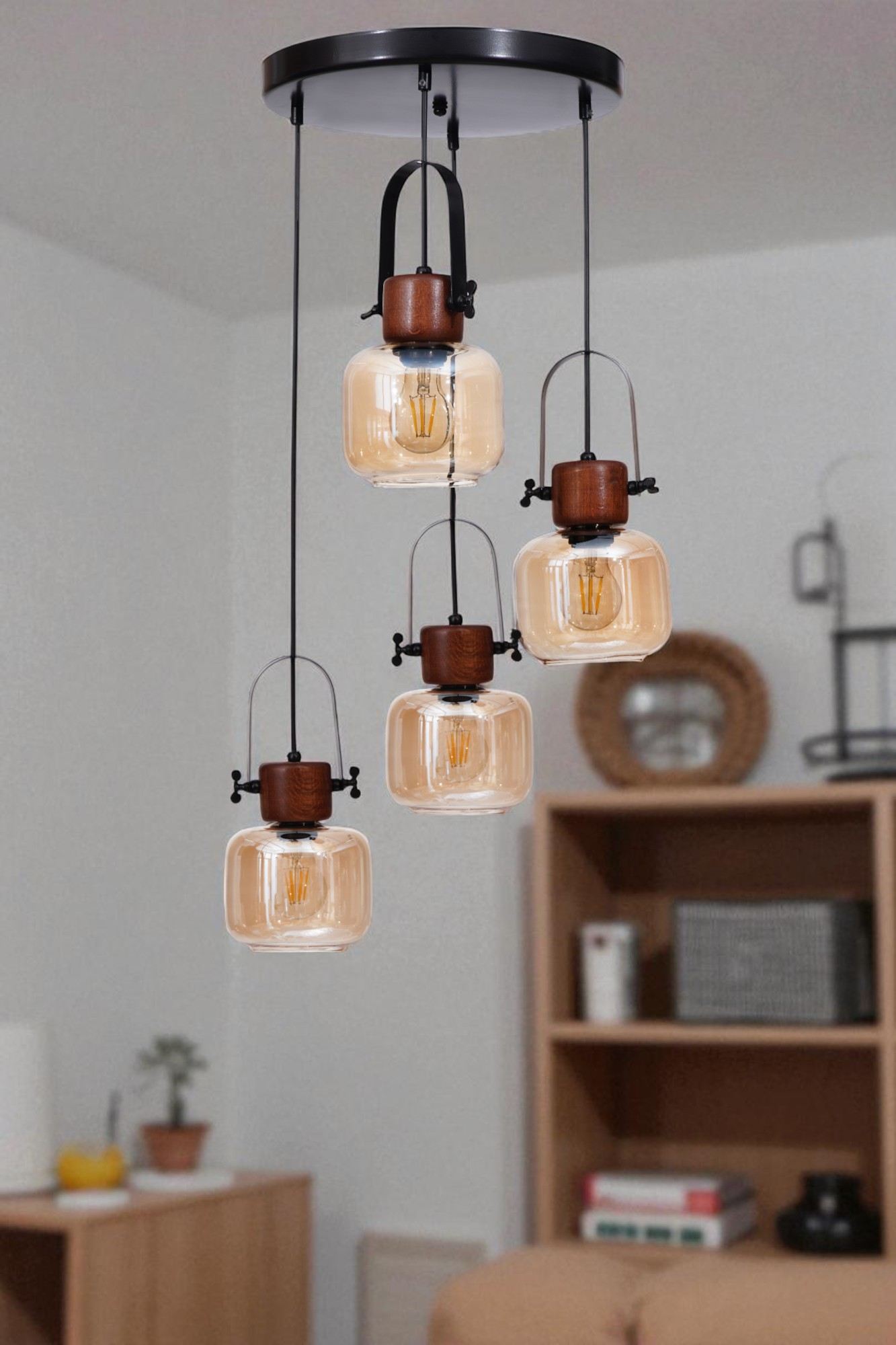 Candeeiro de Teto – Altura Ajustável 80 cm – Cor Mel, Nogueira, Preto – Metal e Vidro