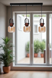 Candeeiro de Teto de Metal – Altura Ajustável 80 cm – Cor Mel e Noz – Tampa de Vidro