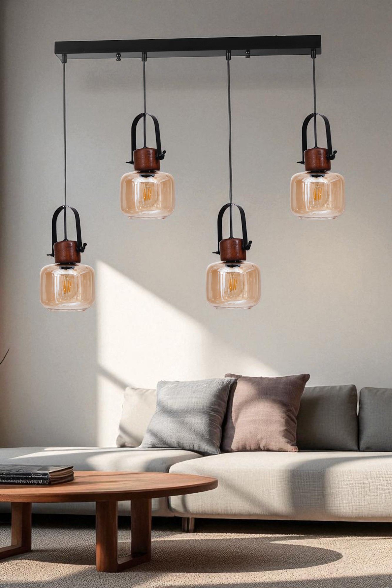 Candeeiro de Teto – altura ajustável de 80 cm – Mel, Noz, Preto – metal e vidro