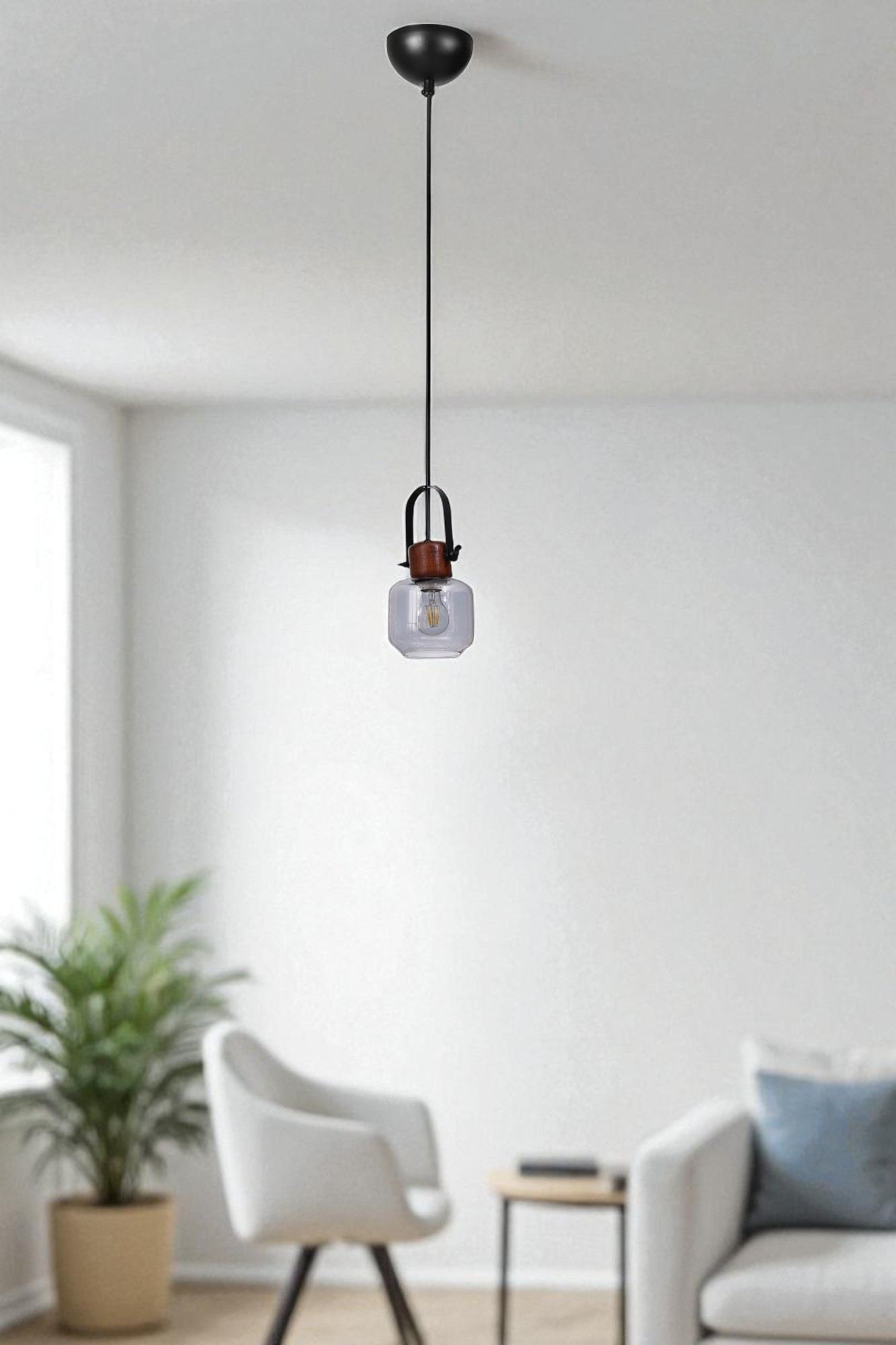 Candeeiro de Teto de Metal e Vidro – Altura ajustável de 80 cm – Cinza, Noz e Preto