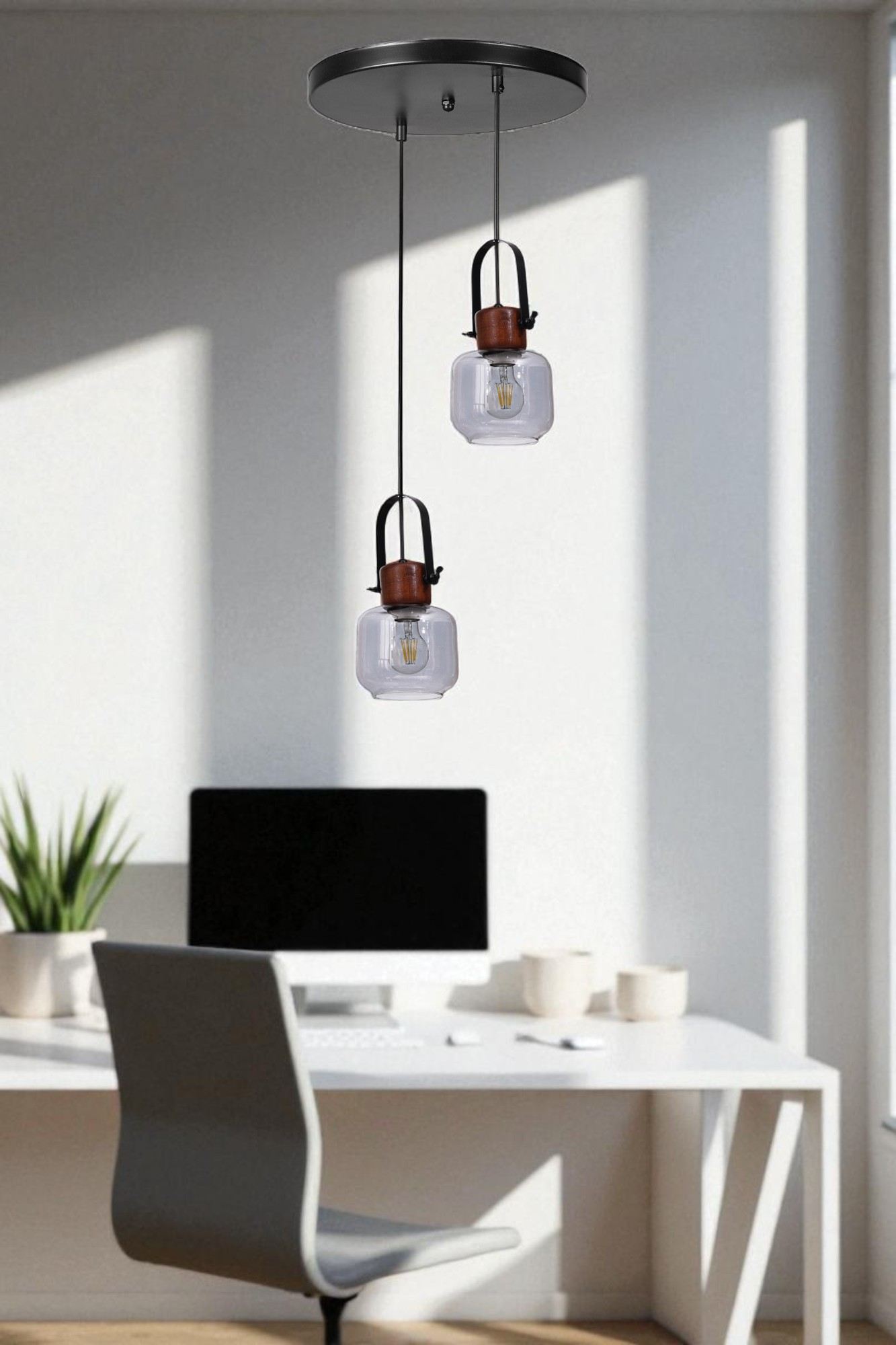 Candeeiro de Teto – Ø15 cm – Cinza, Nogueira e Preto – Metal com Vidro