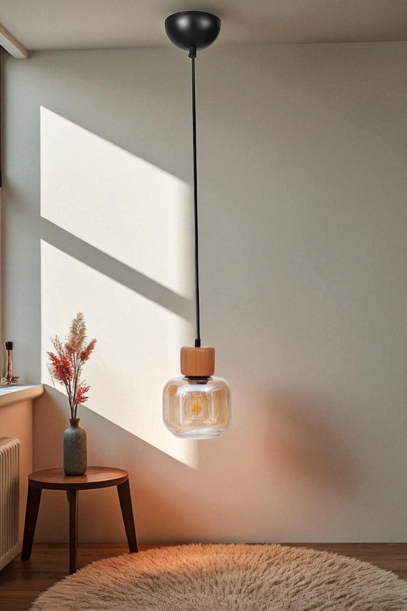 Candeeiro de Teto de Metal com Tampa de Vidro – Ø15 cm – Mel e Carvalho/Preto