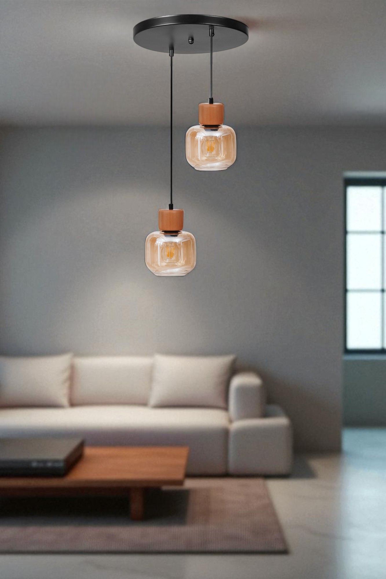 Candeeiro de Teto de Metal com Tampa de Vidro – 80 cm altura – Mel, Carvalho e Preto