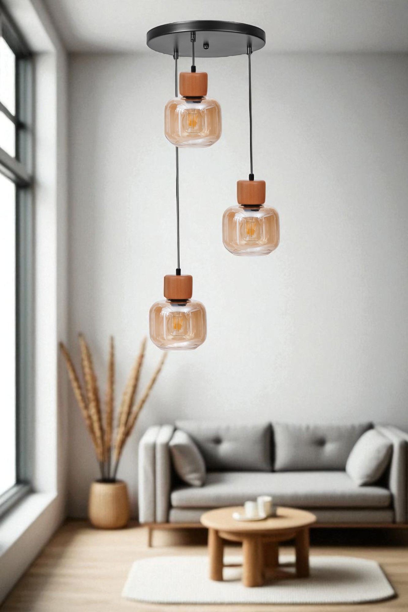 Candeeiro de Teto – altura ajustável 80 cm – cor mel e carvalho – metal e vidro