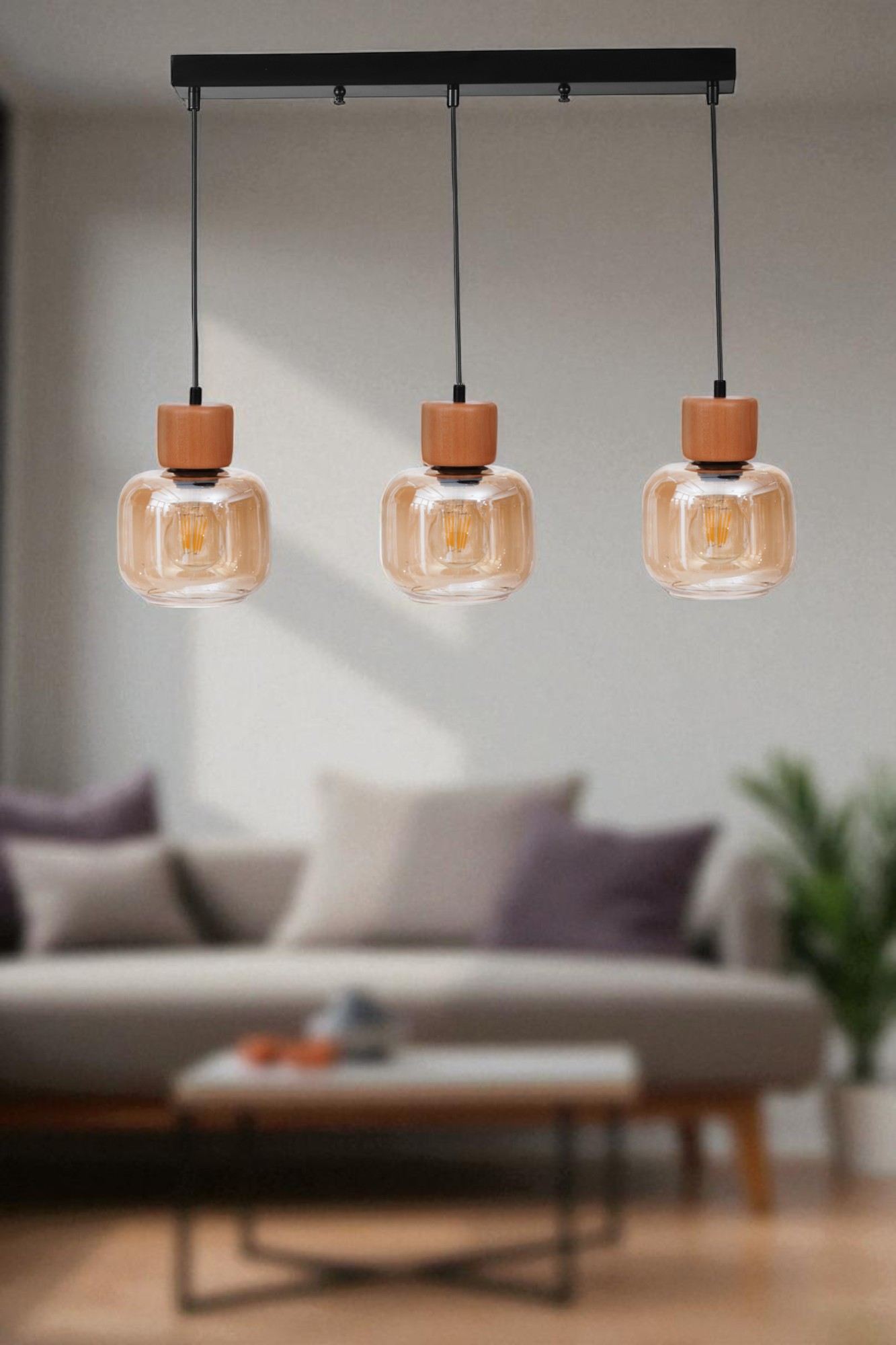 Candeeiro de Teto de Metal com Tampa de Vidro – Altura Ajustável de 80 cm – Mel e Carvalho/Preto