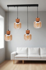 Candeeiro de Teto de Metal com Tampa de Vidro – Altura Ajustável 80 cm – Mel e Carvalho/Preto