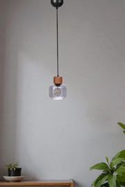 Candeeiro de Teto – Ø15 cm – Cinza, Carvalho e Preto – Metal e Vidro