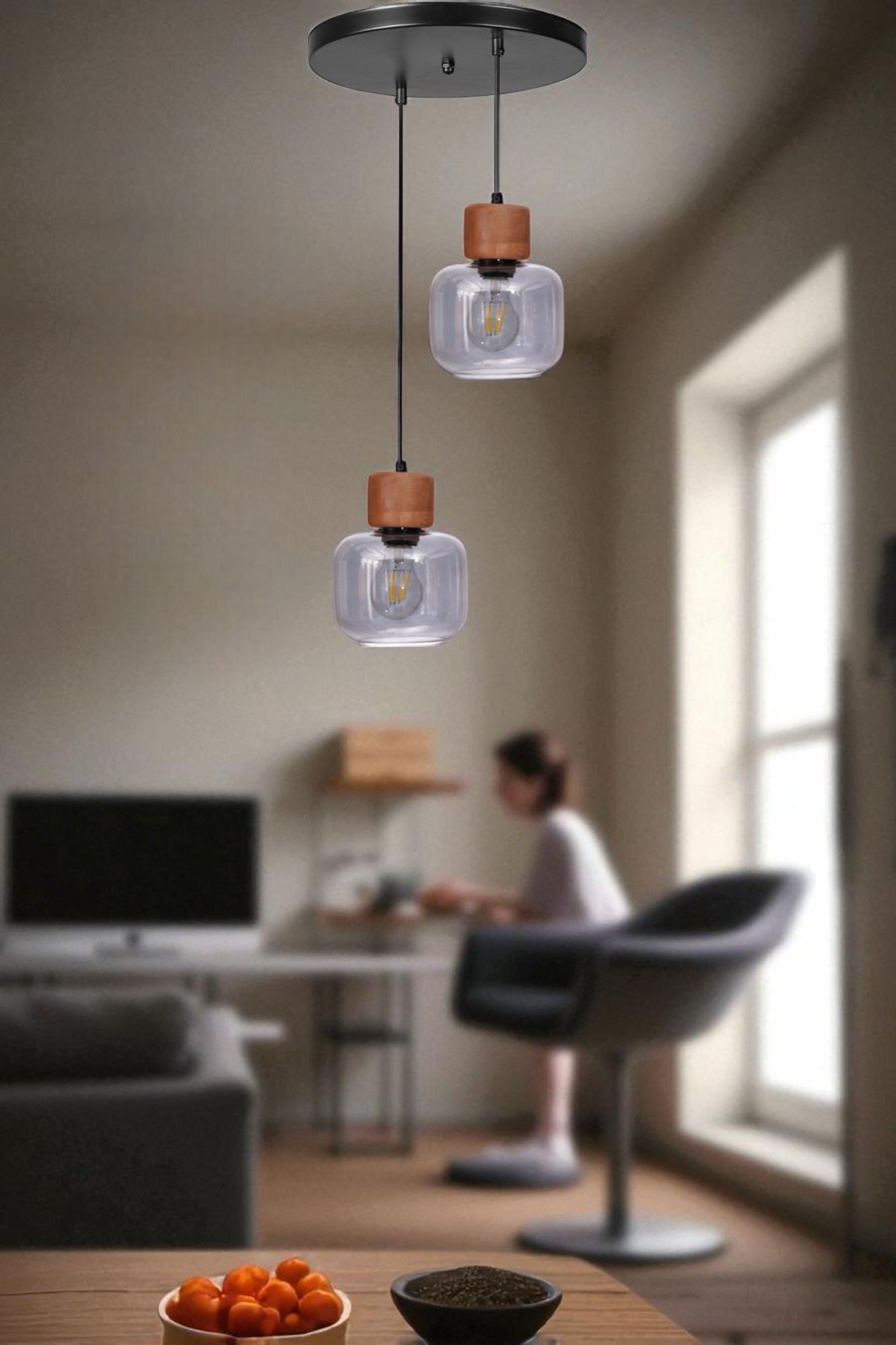 Candeeiro de Teto de Metal e Vidro – Ø15 cm – Cinza, Carvalho e Preto