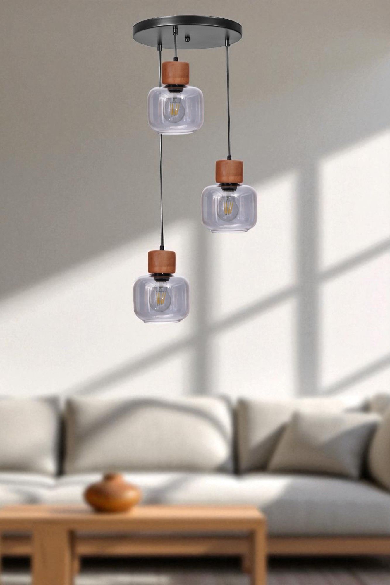 Candeeiro de Teto – Ø15 cm, Altura 80 cm – Cinza, Carvalho e Preto – Metal