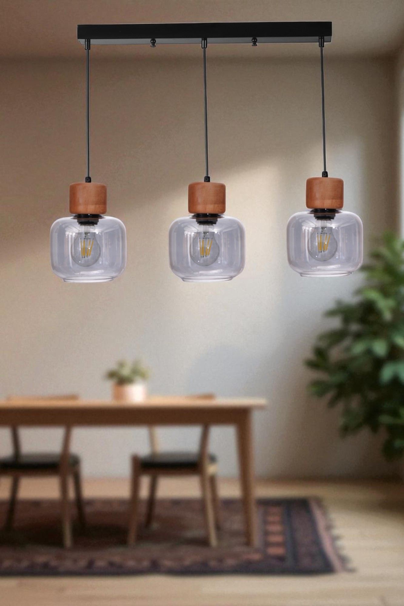 Candeeiro de Teto – 80 cm – Cinza, Carvalho e Preto – Metal e Vidro