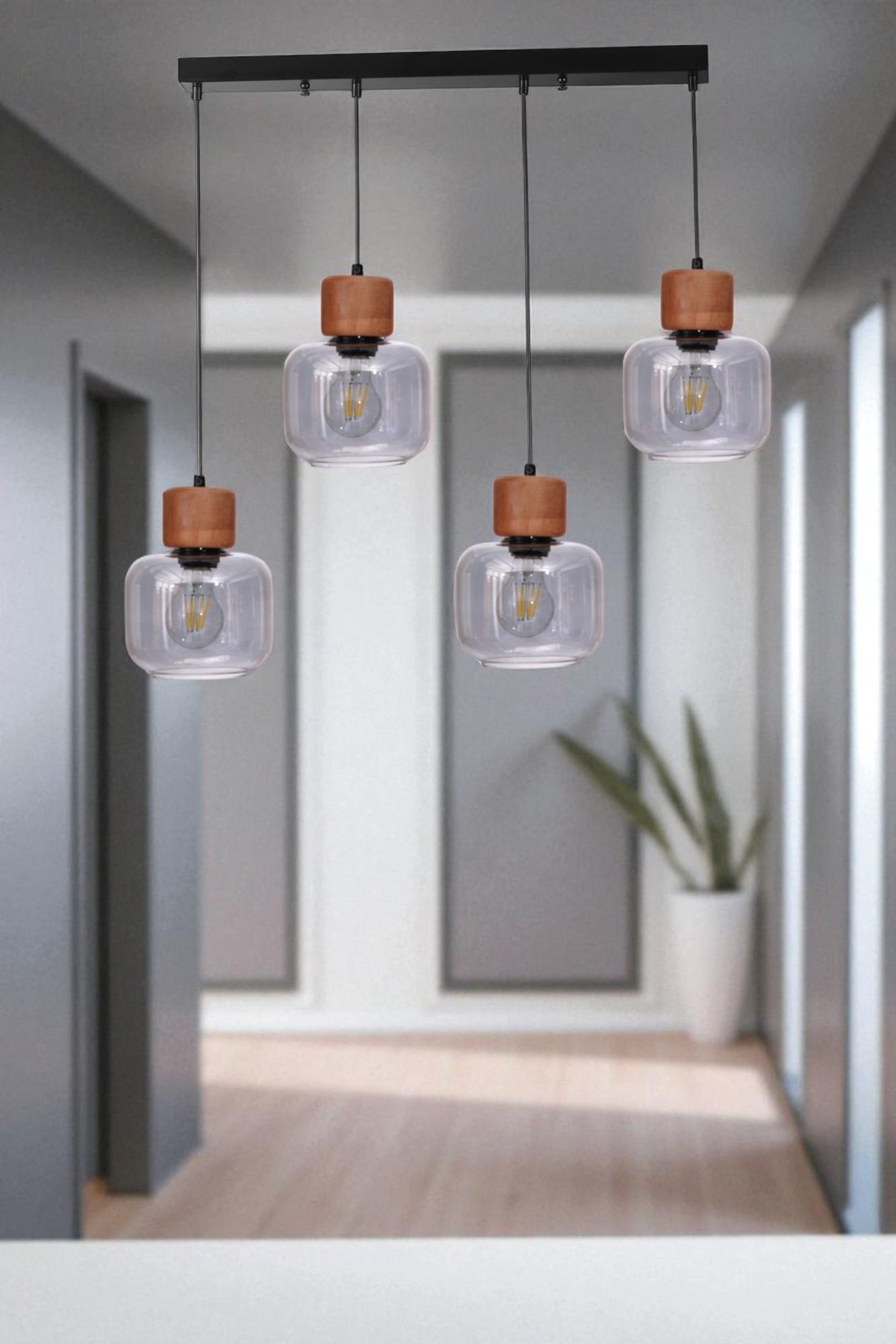 Candeeiro de Teto – Altura Ajustável de 80 cm – Cinza e Carvalho – Metal