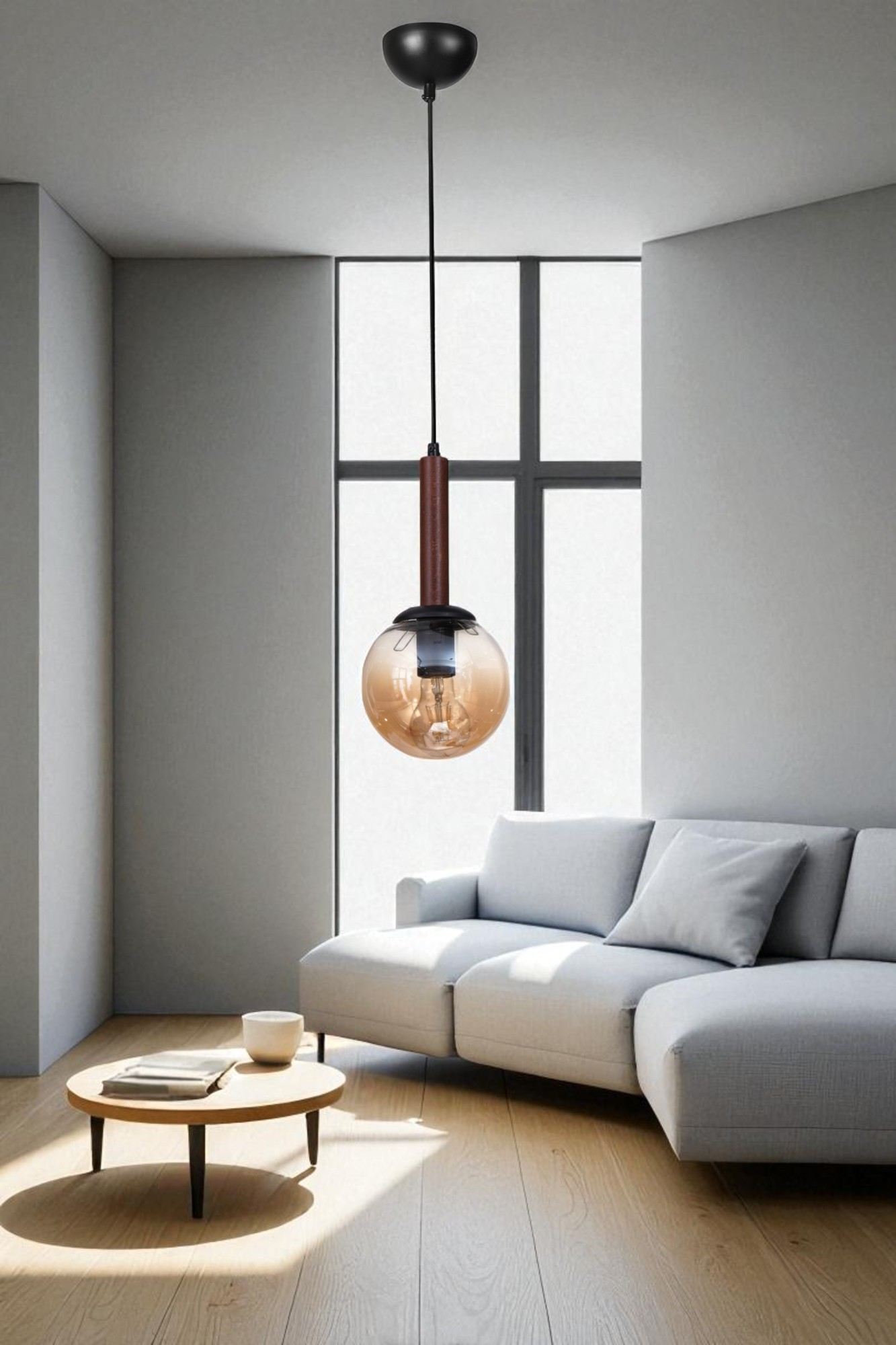 Candeeiro de Teto de metal com tampa de vidro – altura ajustável 80 cm – Ø15 cm – cor mel, nogueira e preto