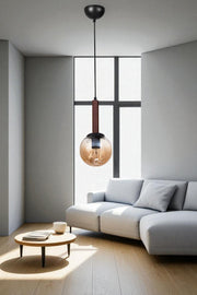 Candeeiro de Teto de metal com tampa de vidro – altura ajustável 80 cm – Ø15 cm – cor mel, nogueira e preto