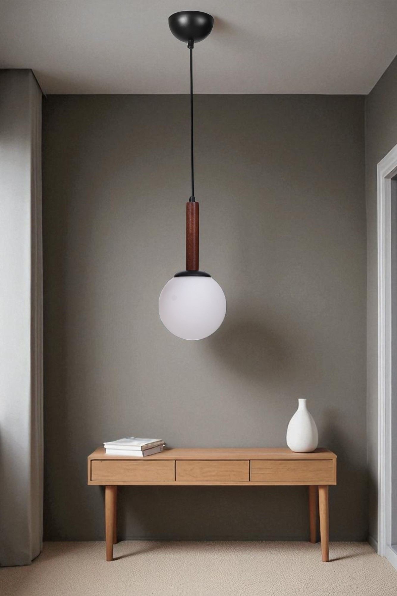 Candeeiro de Teto – 80 cm altura ajustável – Branco, nogueira e preto – Metal e vidro