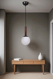 Candeeiro de Teto – 80 cm altura ajustável – Branco, nogueira e preto – Metal e vidro