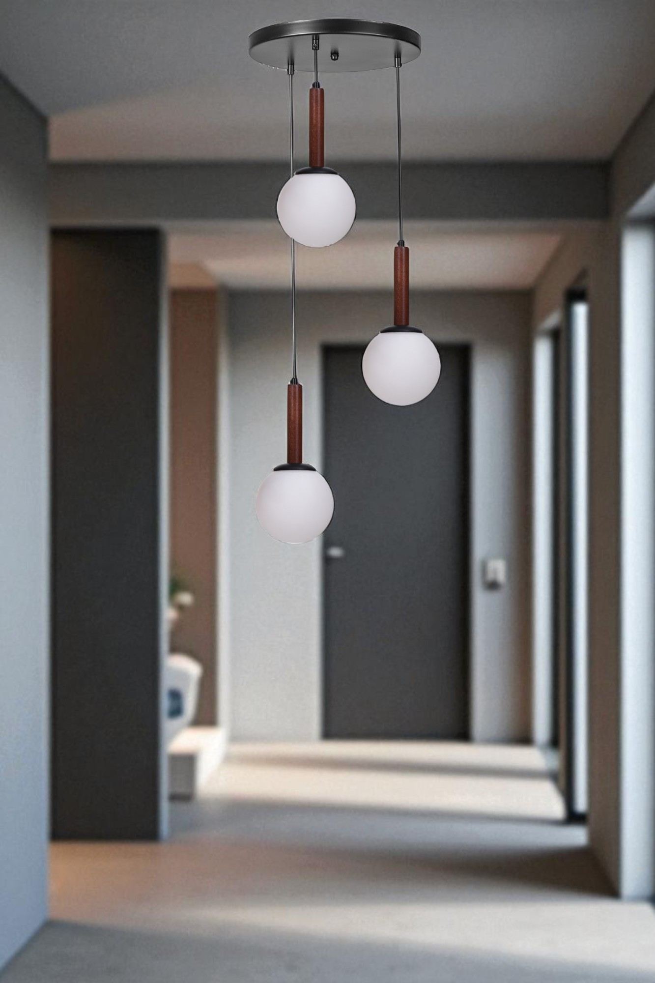 Candeeiro de Teto Elegante de Metal – Altura Ajustável 80 cm – Branco/Nogueira/Preto – Vidro