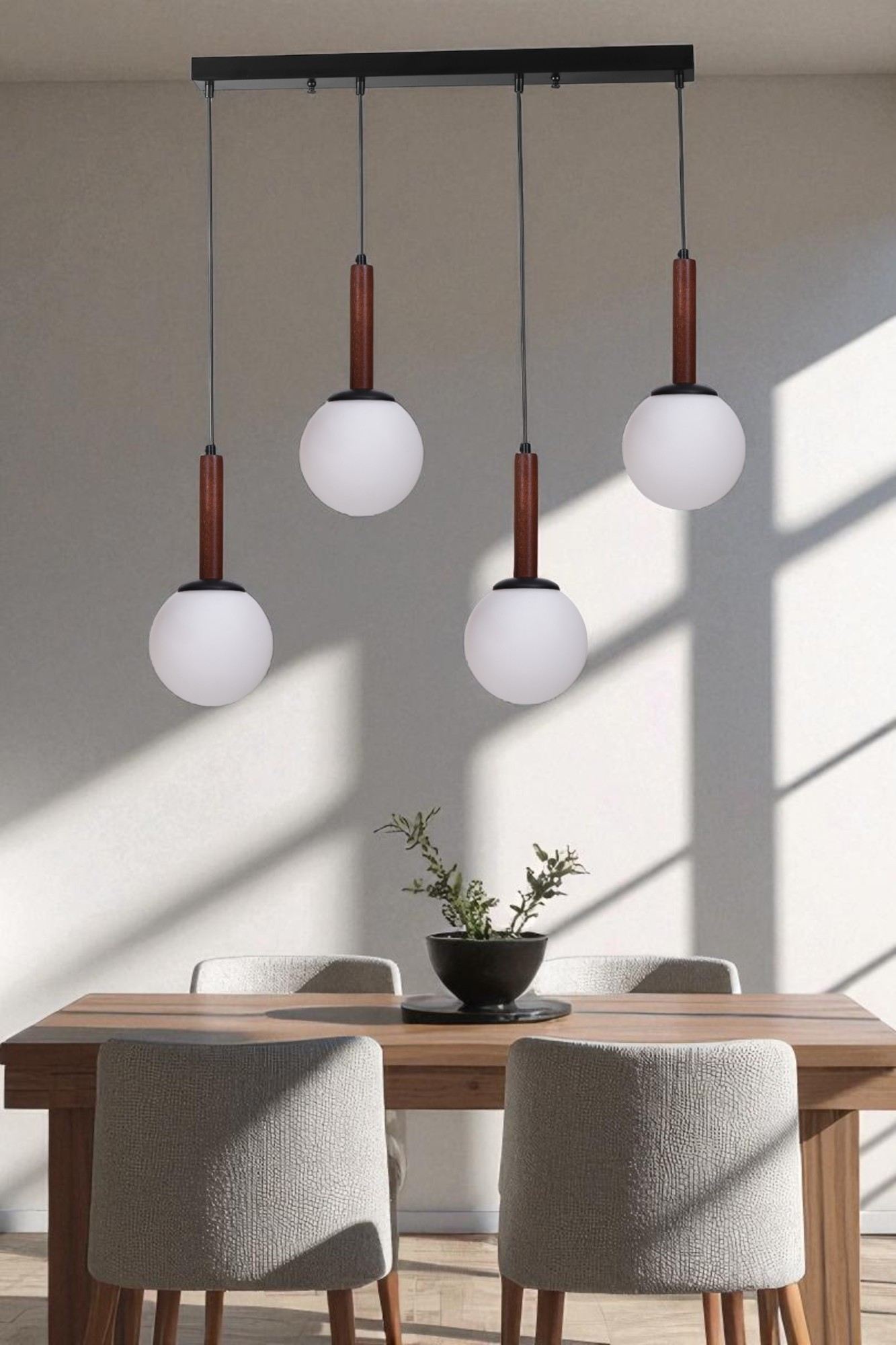 Candeeiro de Teto de Metal e Vidro – 80 cm – Branco/Nogueira/Preto