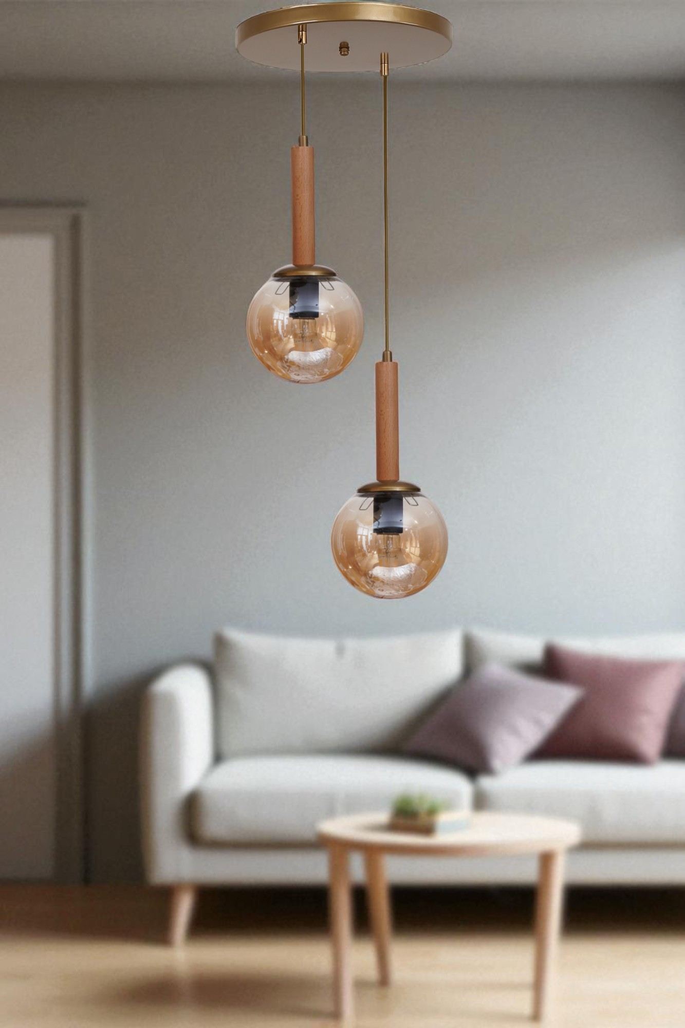 Candeeiro de Teto de Metal com Tampa de Vidro – altura ajustável de 80 cm – mel, carvalho e dourado