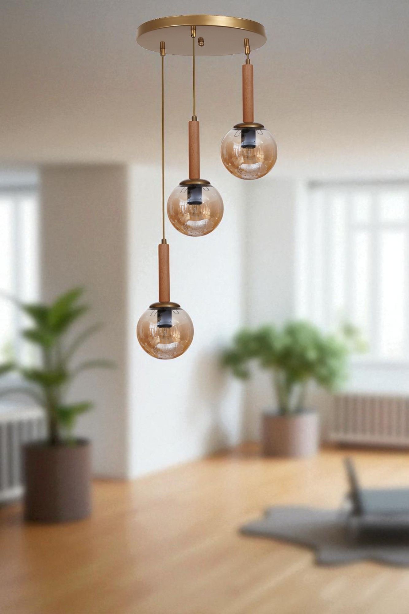 Candeeiro de Teto – 80 cm – Mel, Carvalho e Dourado – Metal e Vidro