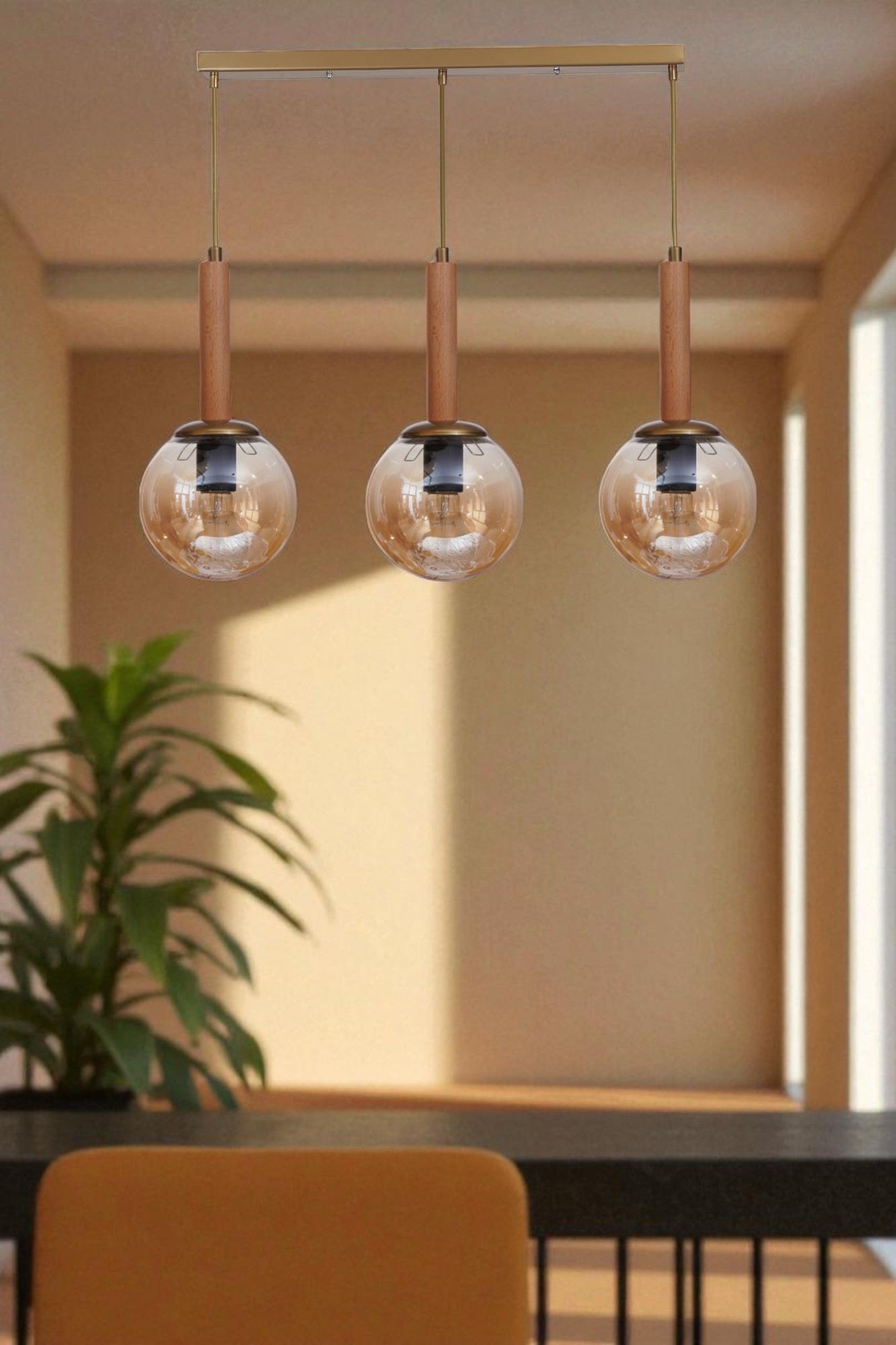 Candeeiro de Teto – 80 cm – Mel e Carvalho – Metal e vidro