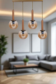 Candeeiro de Teto de Metal com Tampa de Vidro – Altura Ajustável 80 cm – Mel, Carvalho e Dourado