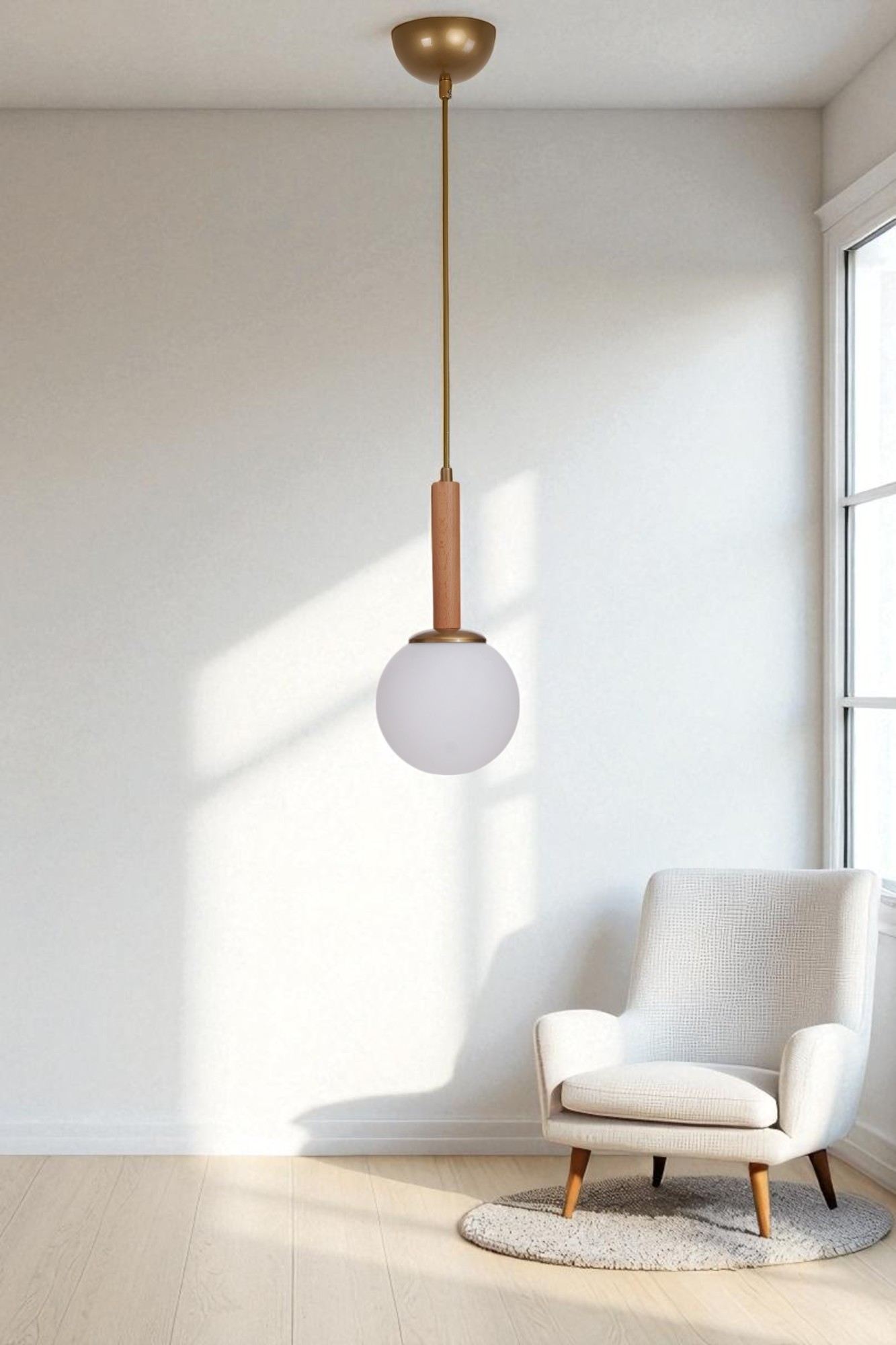 Candeeiro de Teto elegante – Ø15 cm – Branco, Carvalho e Dourado – Metal e Vidro