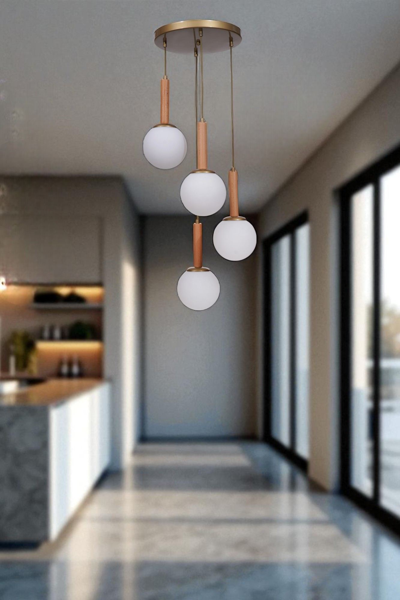 Candeeiro de Teto – Ø15 cm – Branco, Carvalho e Dourado – Metal e Vidro