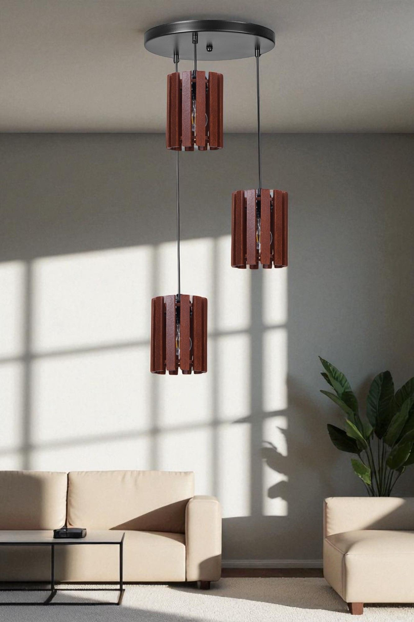 Candeeiro de Teto – Altura 80 cm – Cor Nogueira e Preto – Metal e Madeira