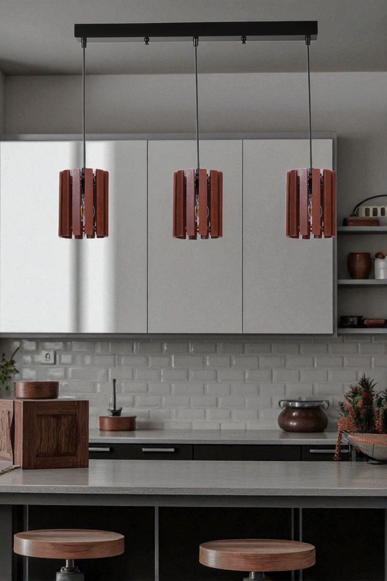 Candeeiro de Teto Elegante – 80 cm – Noz e Preto – Metal e Madeira