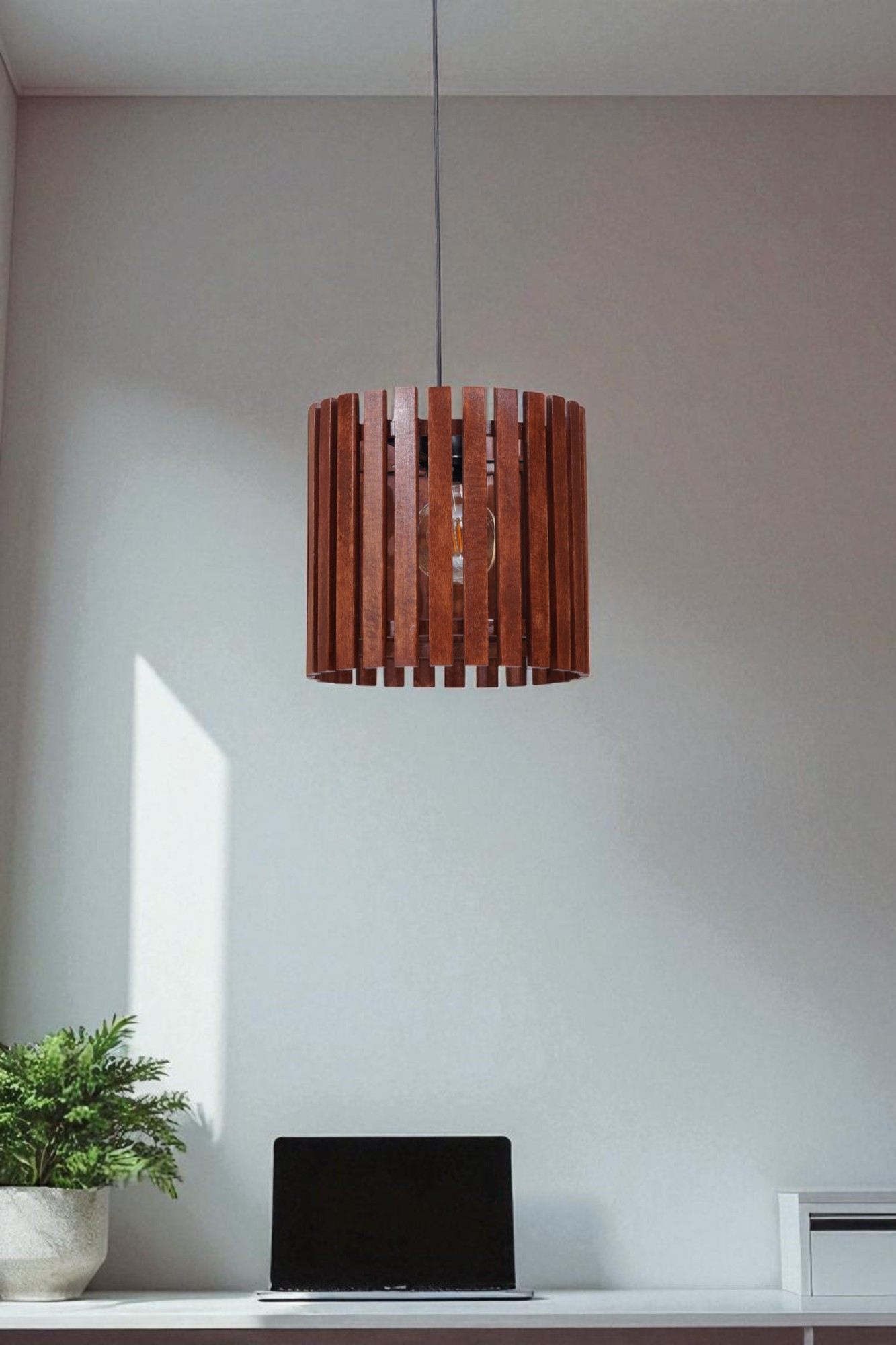 Candeeiro de Teto em Metal e Madeira – Ø30 cm – Nogueira e Preto