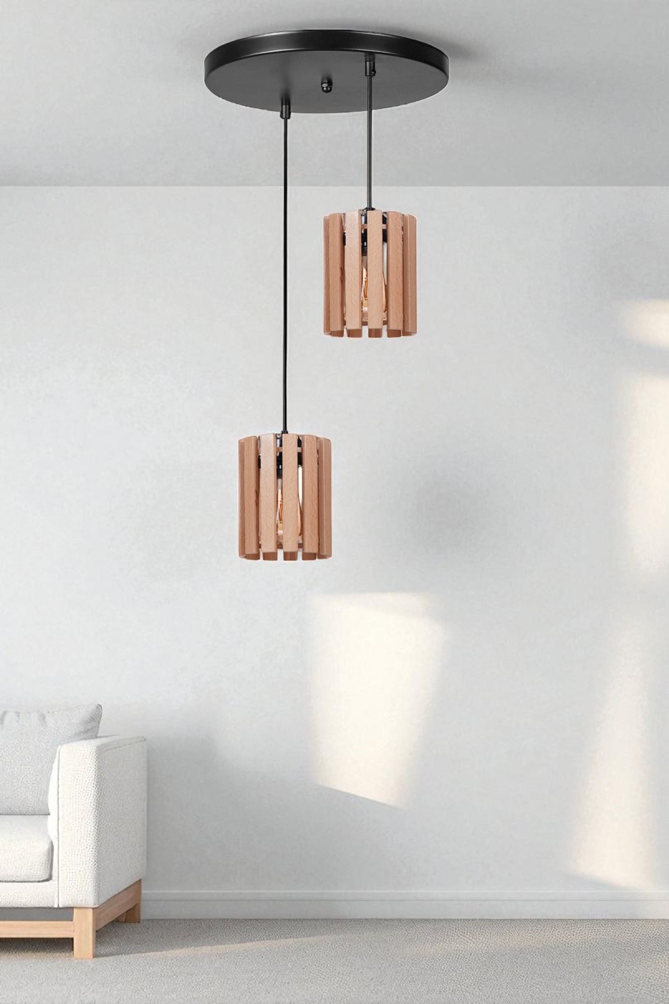 Candeeiro de Teto – altura ajustável 80 cm – Carvalho e Preto – corpo em metal