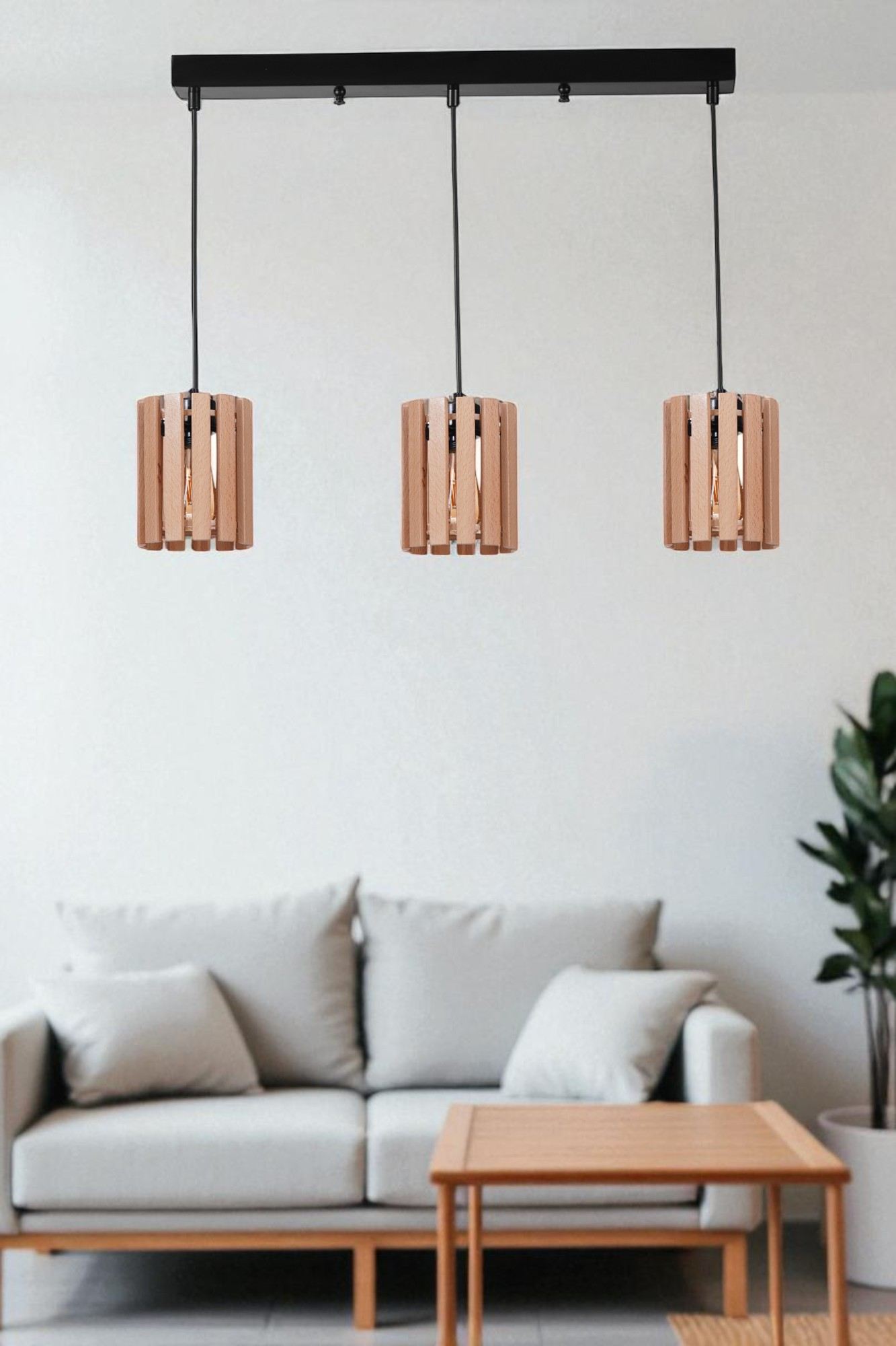 Candeeiro de Teto em Metal e Madeira – Altura Ajustável 80 cm – Carvalho e Preto