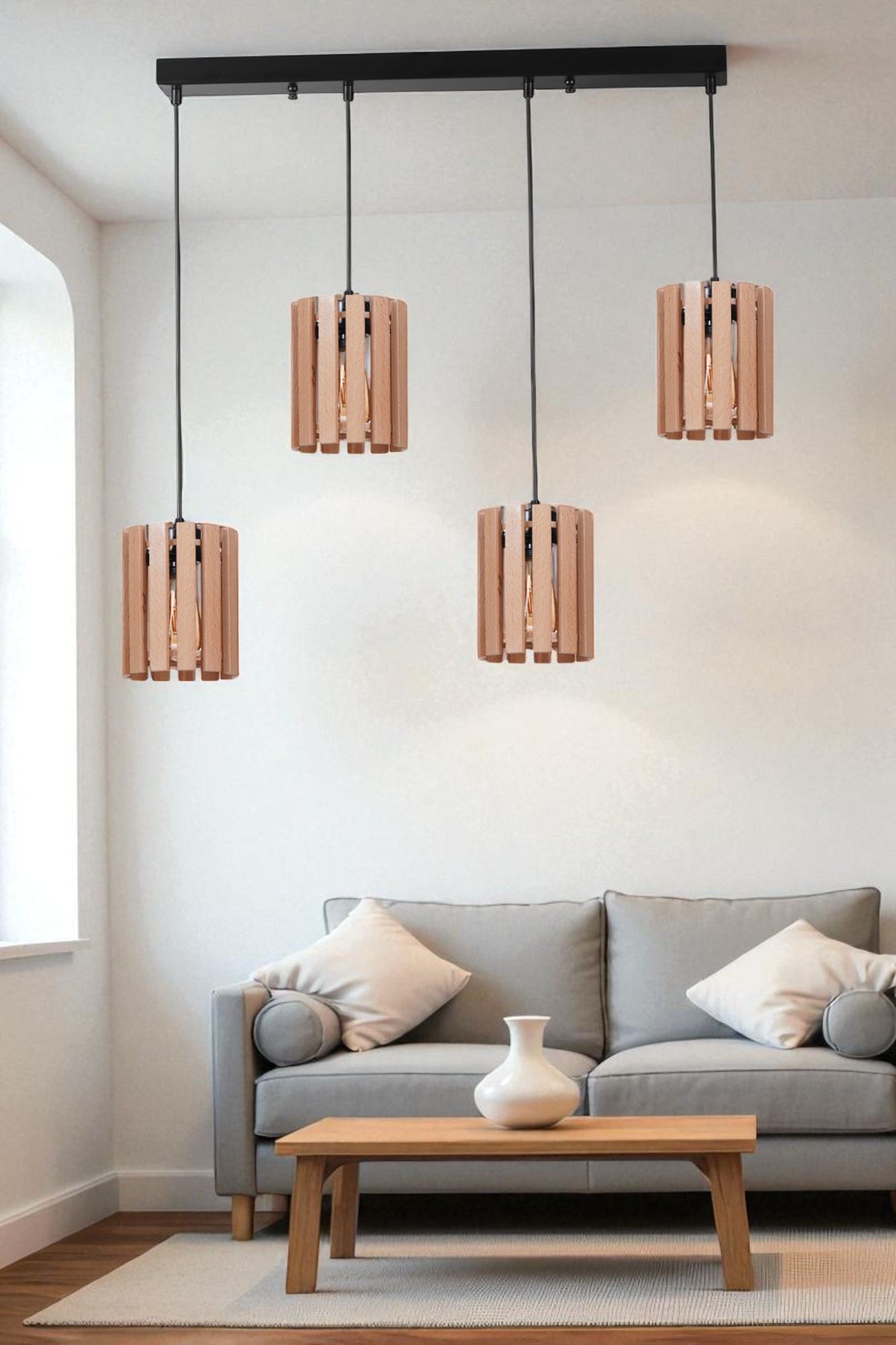 Candeeiro de Teto elegante – altura ajustável de 80 cm – carvalho e preto – metal e madeira