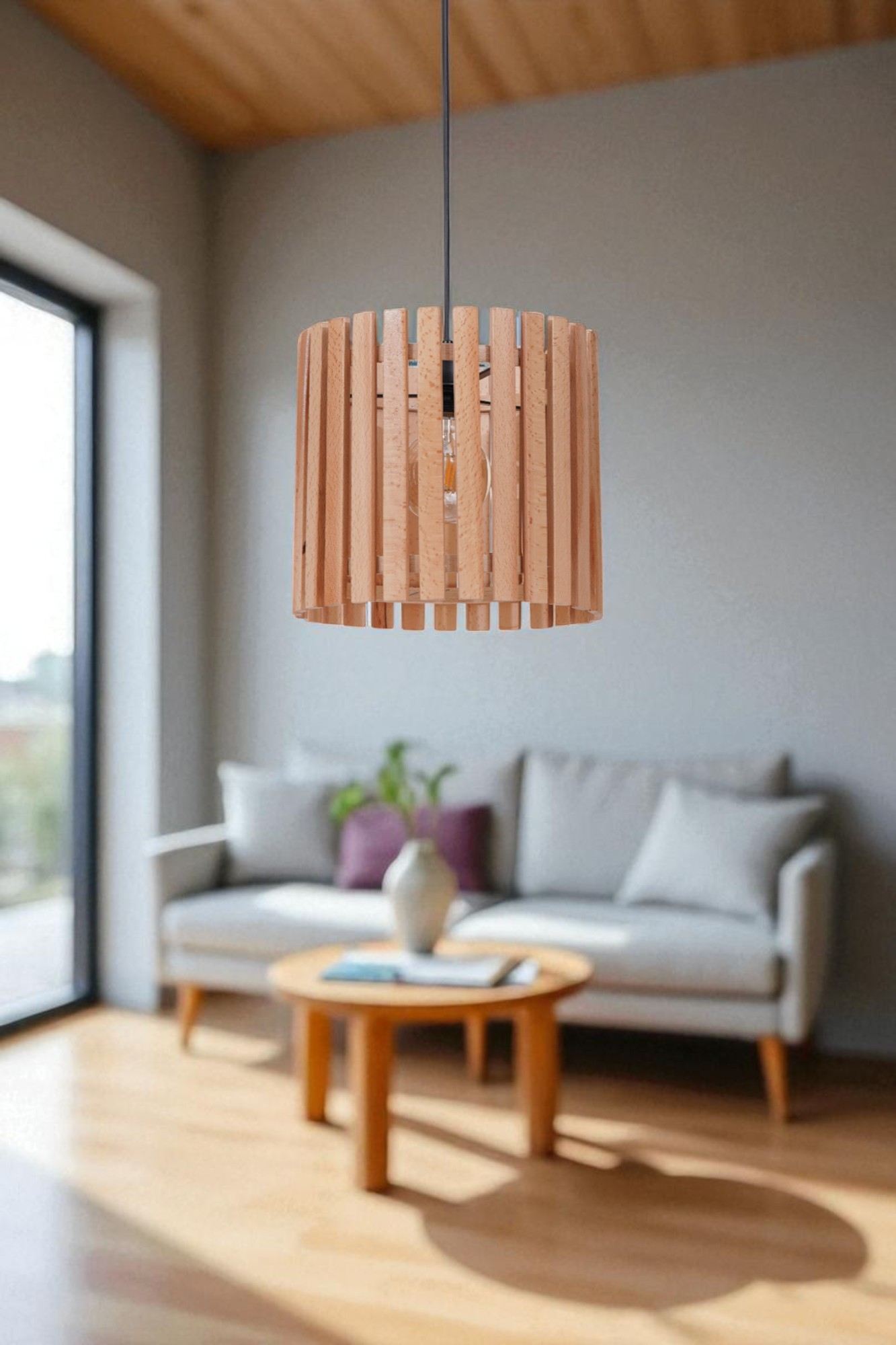 Candeeiro de Teto Elegante – 80 cm – Carvalho e Preto – Metal e Madeira