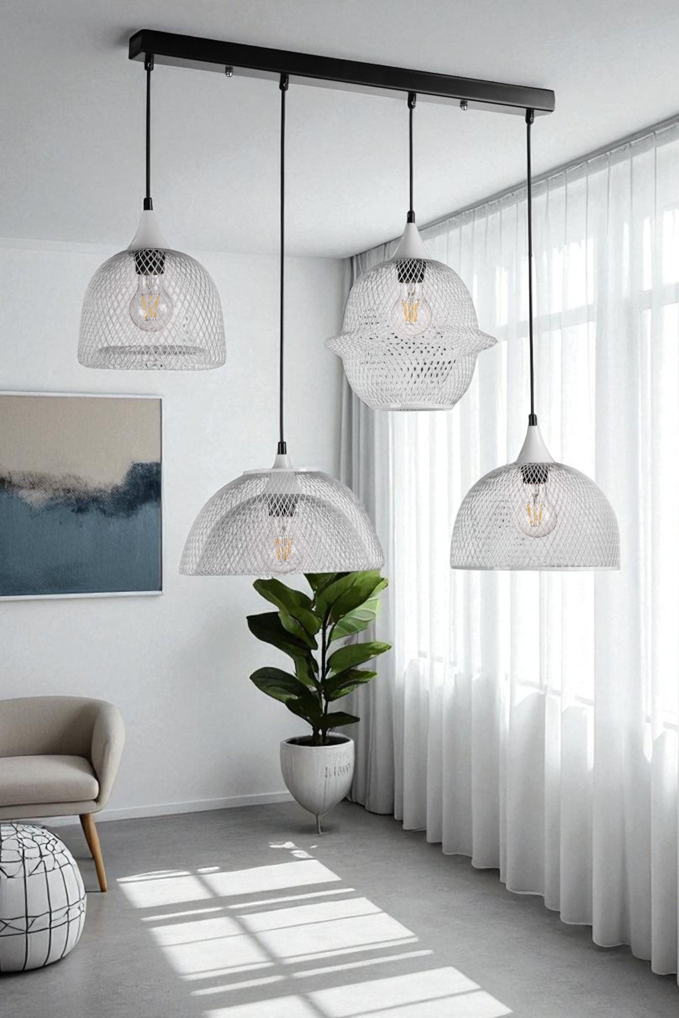 Candeeiro de Teto de Metal – Altura Ajustável – Branco e Preto – Metal