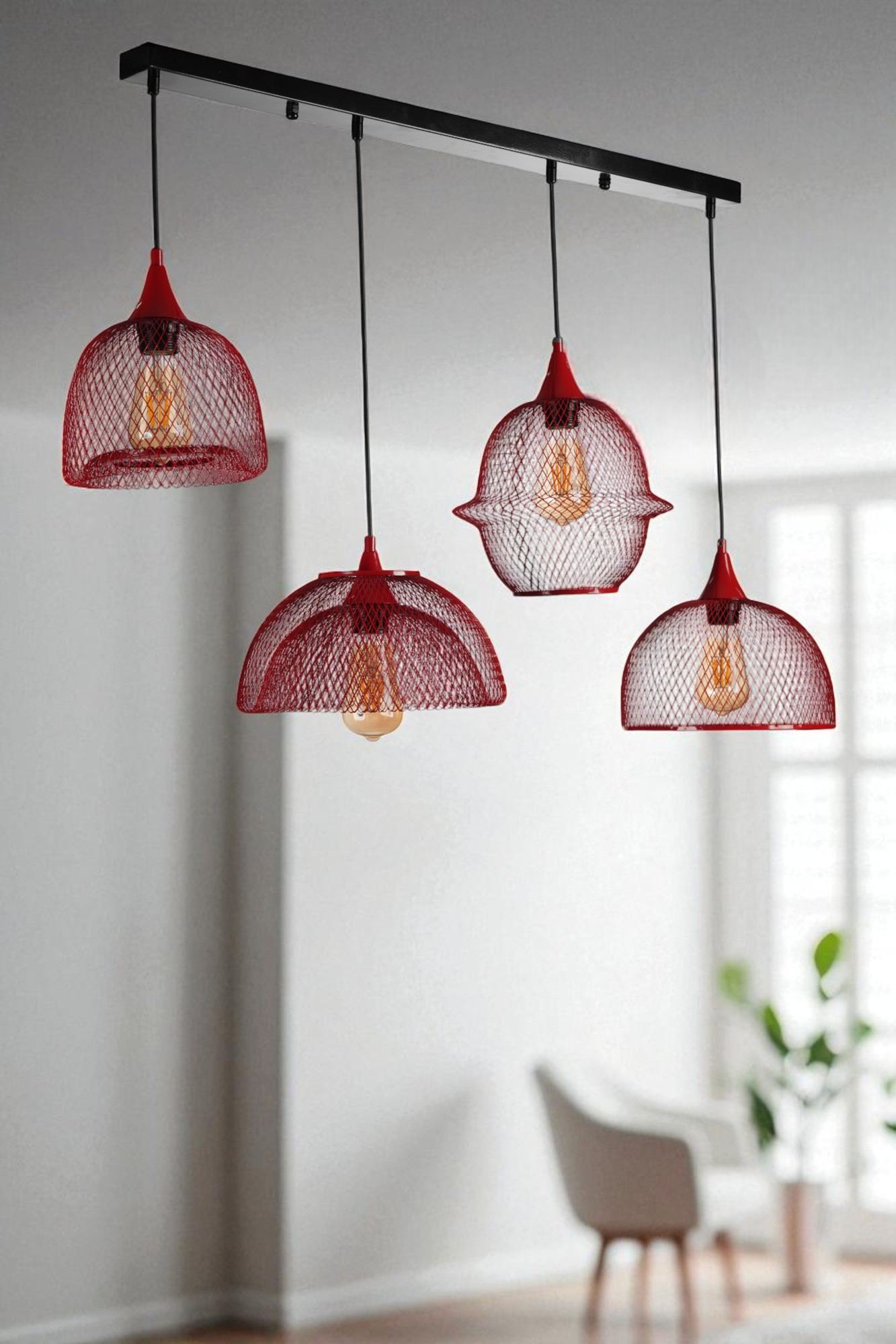 Candeeiro de Teto – Altura Total de 80 cm – Vermelho e Preto – Metal