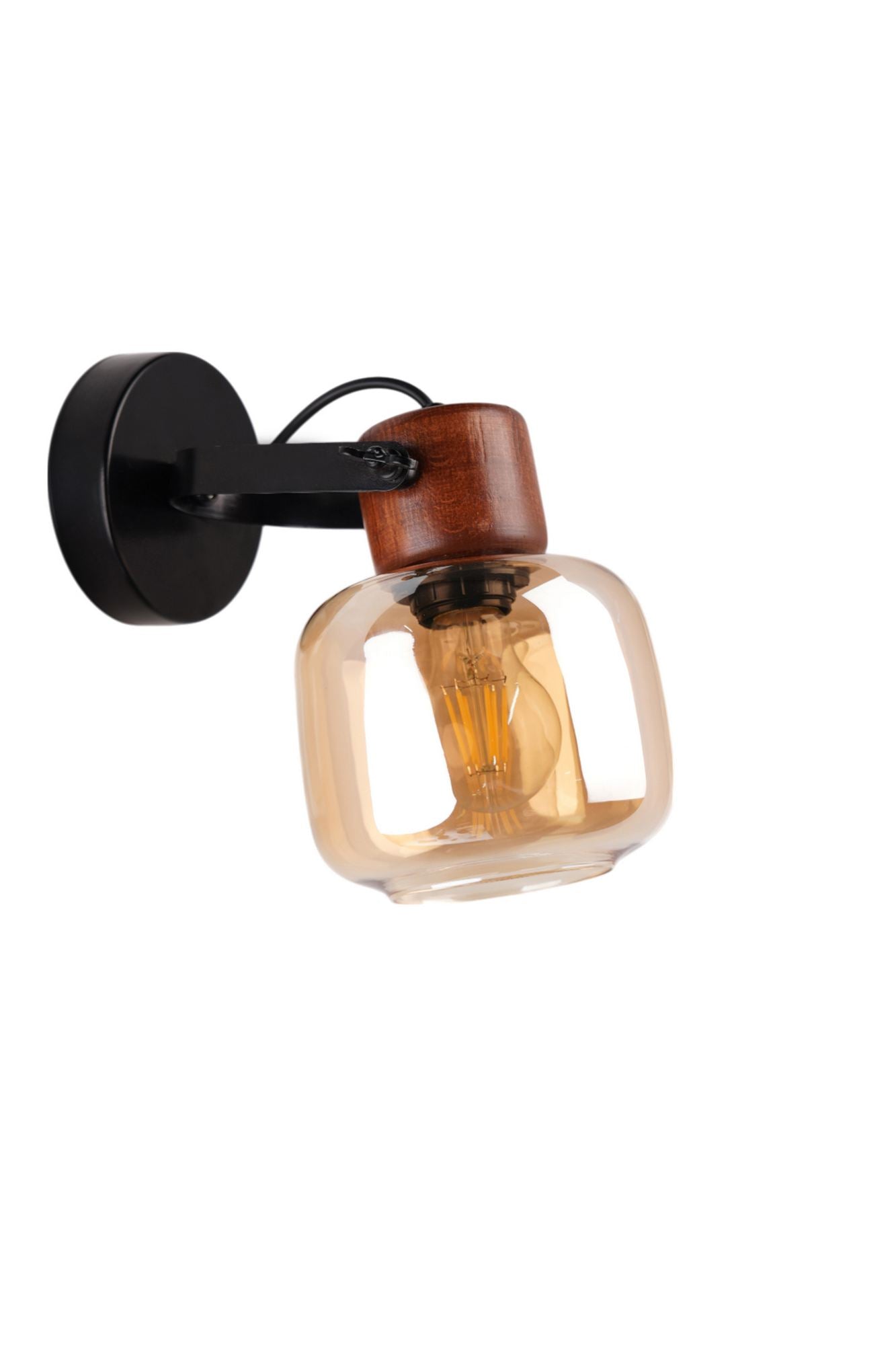 Candeeiro de Parede – Ø15 h:13 cm – Mel, Noz, Preto – Metal e Vidro