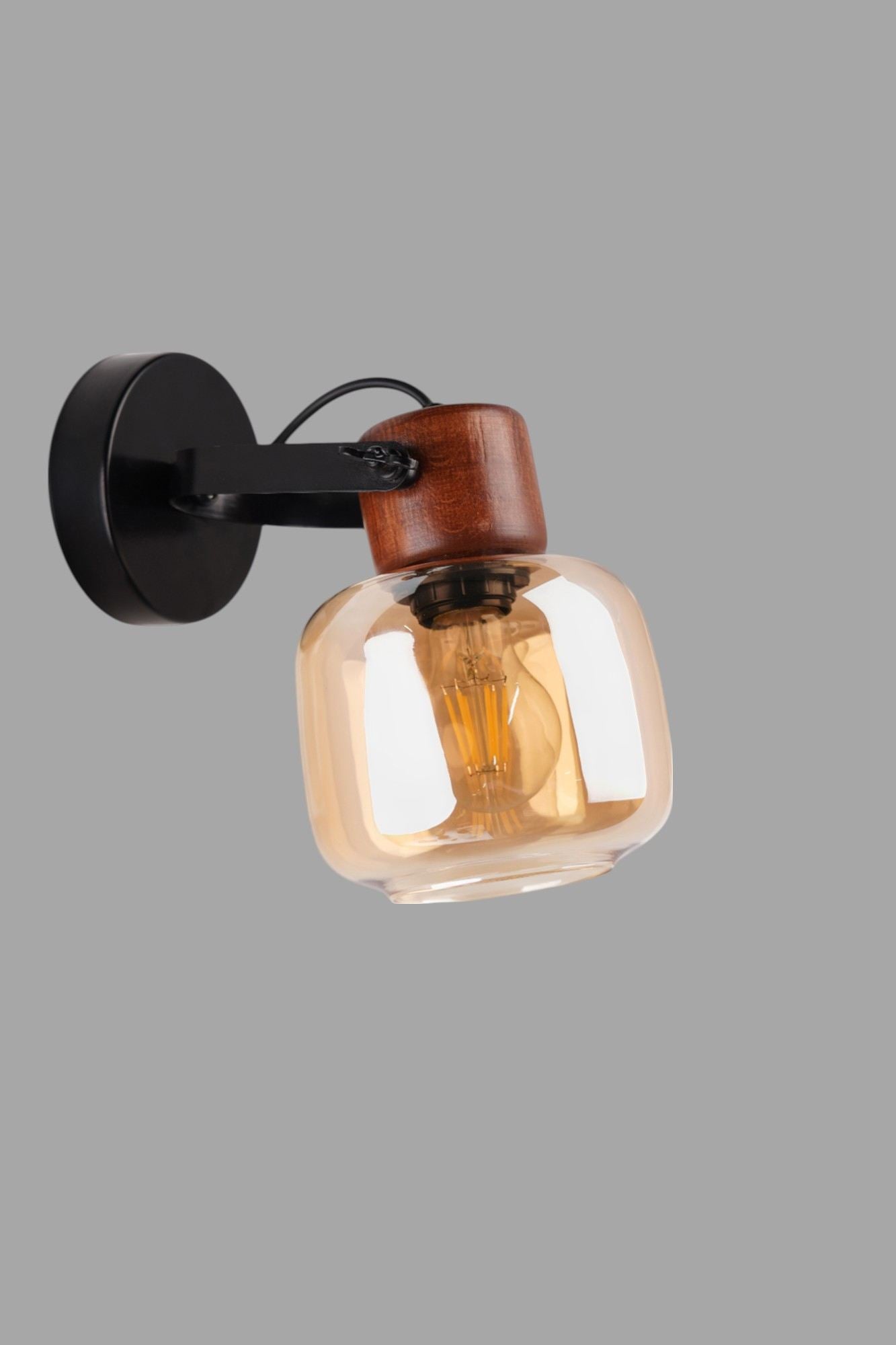 Candeeiro de Parede – Ø15 h:13 cm – Mel, Noz, Preto – Metal e Vidro