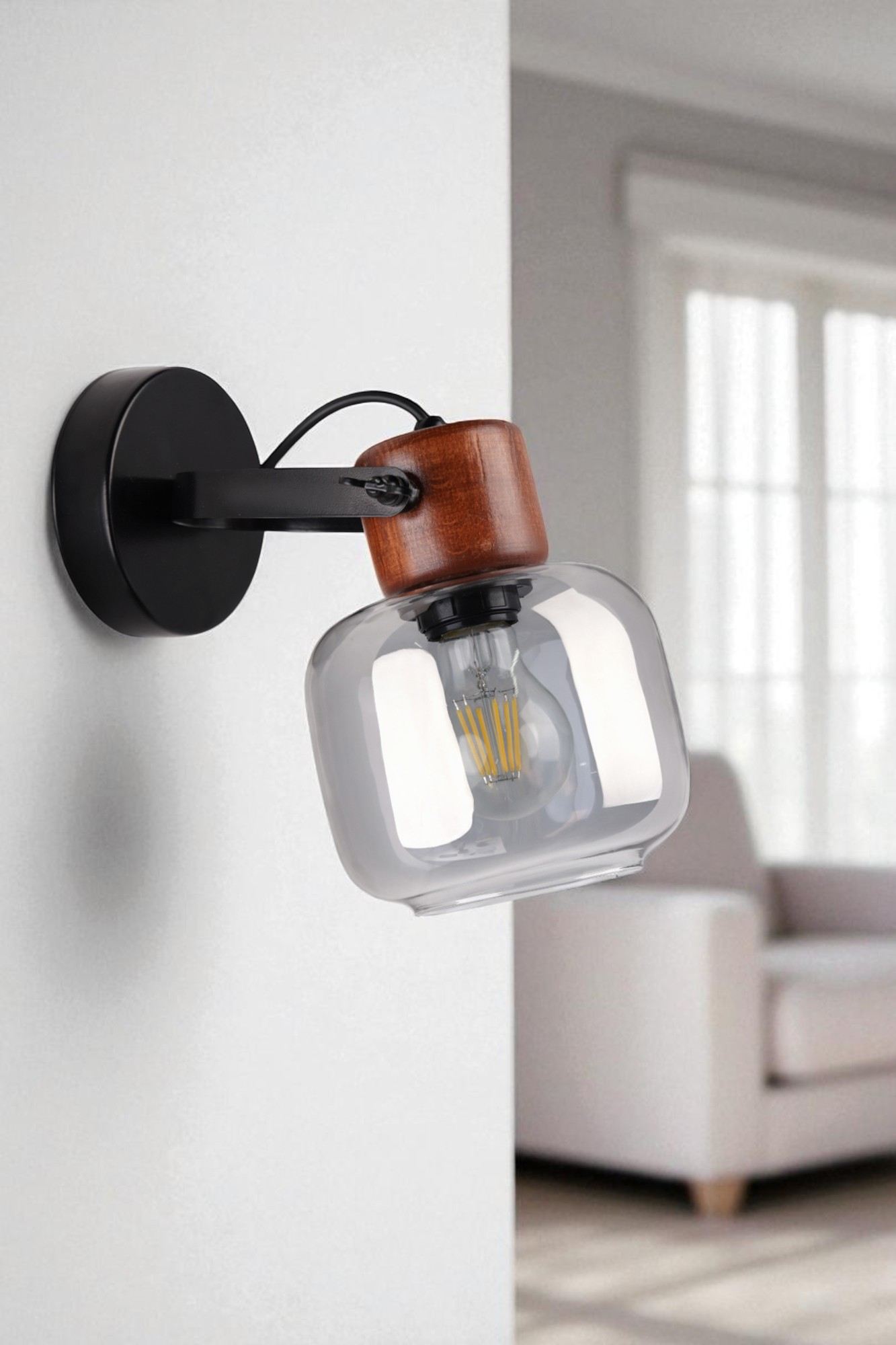 Candeeiro de Parede – Ø15cm x 25cm – Cinza, Noz, Preto – Metal com vidro