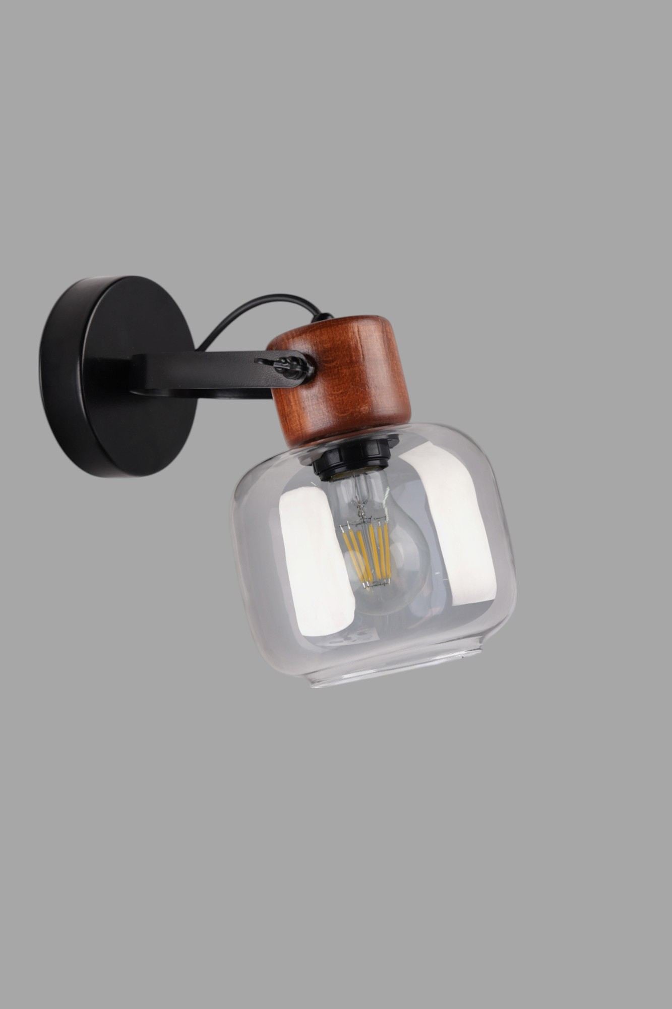 Candeeiro de Parede – Ø15cm x 25cm – Cinza, Noz, Preto – Metal com vidro