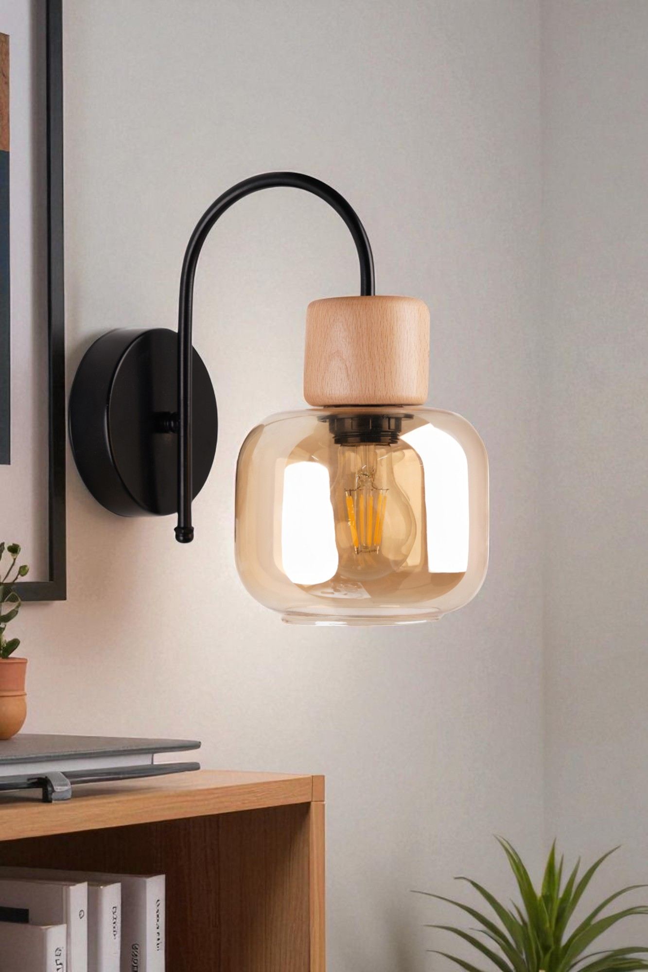 Candeeiro de Parede – Ø15 cm – Mel, Carvalho e Preto – Metal e Vidro