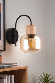 Candeeiro de Parede – Ø15 cm – Mel, Carvalho e Preto – Metal e Vidro