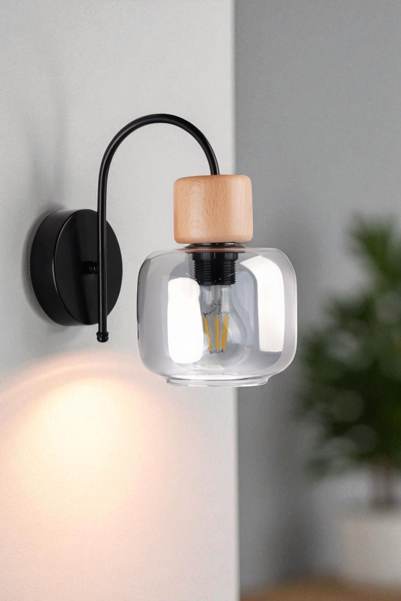 Candeeiro de Parede – Ø15 cm – Cinza, Carvalho e Preto – Metal e Vidro