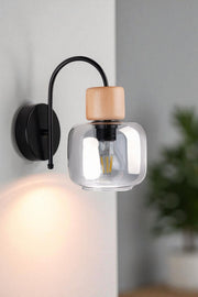 Candeeiro de Parede – Ø15 cm – Cinza, Carvalho e Preto – Metal e Vidro